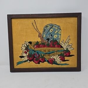 Vtg 70s wood framed crewel wall decor cottagecore farmhouse strawberry butterfly